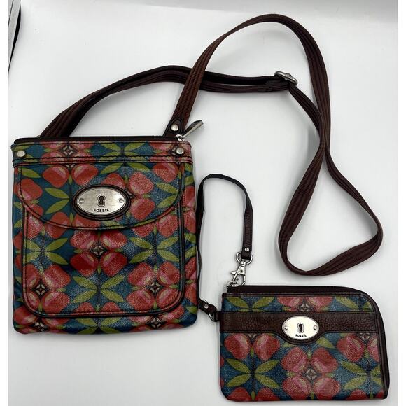 Fossil Key-Per Floral Coated Canvas Crossbody Purse + Wallet Wristlet Pink Black - Picture 1 of 11